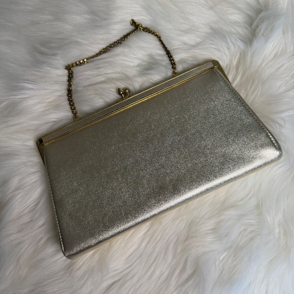 Vintage Handbags - Vintage - Metallic Gold Clutch Handbag and Chain Strap